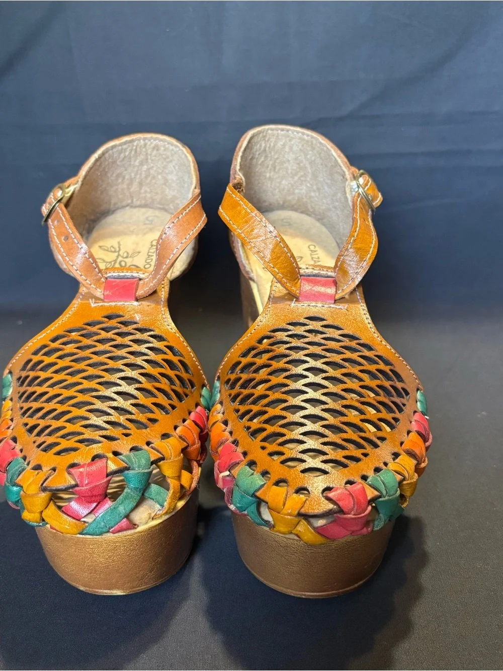 Tan Leather Mexican Woven Platform Heels with Multicolor Accents